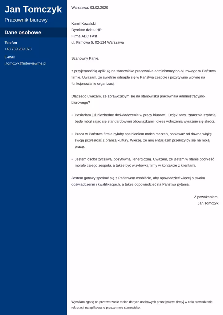 wzór listu motywacyjnego pracownika biurowego