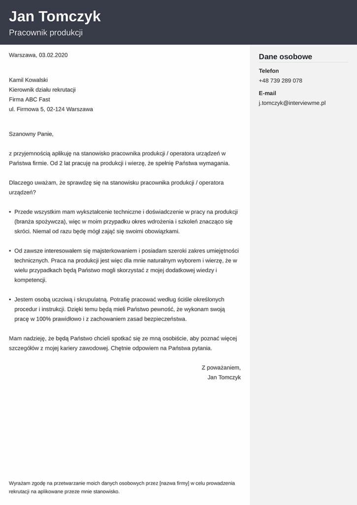wz��r listu motywacyjnego pracownika produkcji